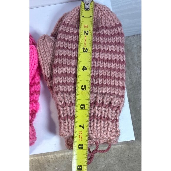 Hand Knitted Mittens Kids Pink Striped Mittens 7.5" Long 2 Pairs Winter - Picture 3 of 3